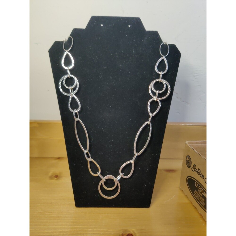 Vtg NRT Signed Hammered  Silver Tone Hoops Circles Statement 38" Adj Necklace